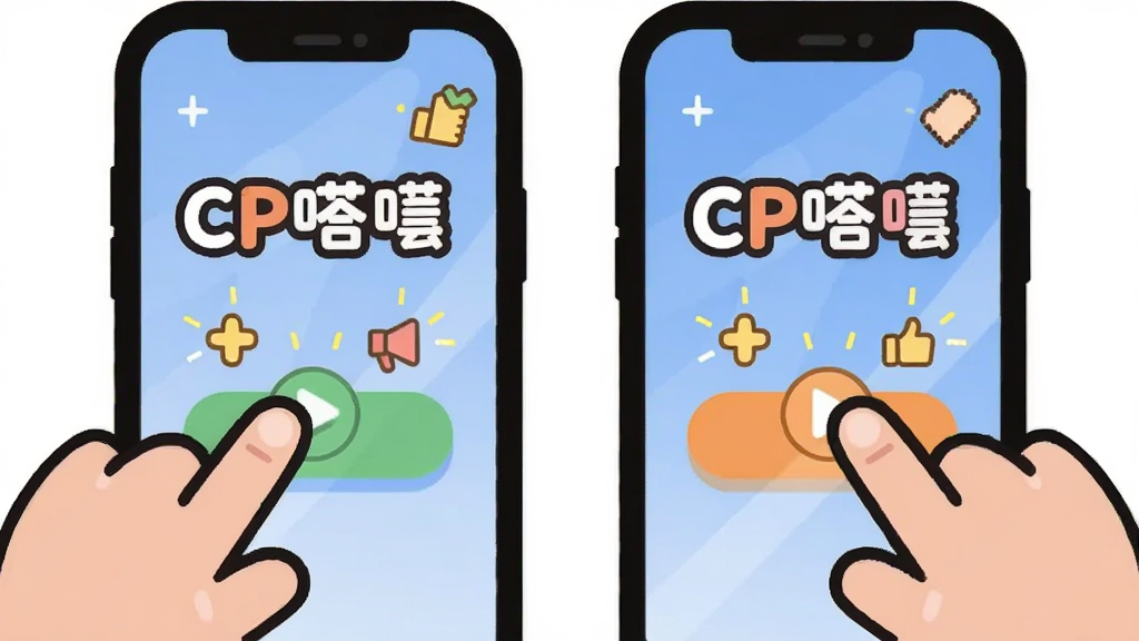 一幅展示CP嗒啧互动玩法的插画,主体是两只卡通手正在点击手机屏幕上的互动按钮,布局为左右对称,排版上手机位于画面中央,风格为可爱扁平插画风,细节包含屏幕上的CP嗒啧文字标识和闪烁的互动图标,画质清晰干净,无多余元素
