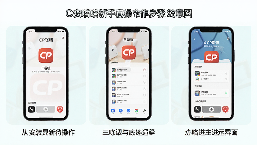 一张展示CP嗒啧新手操作步骤的示意图,主体是手机屏幕分步骤展示从安装到进入主界面的流程,布局为纵向排列的三个手机画面,排版上每个画面下方有简短文字说明,风格为清新教程风,细节包含CP嗒啧的图标和界面元素,画质清晰干净,无多余元素