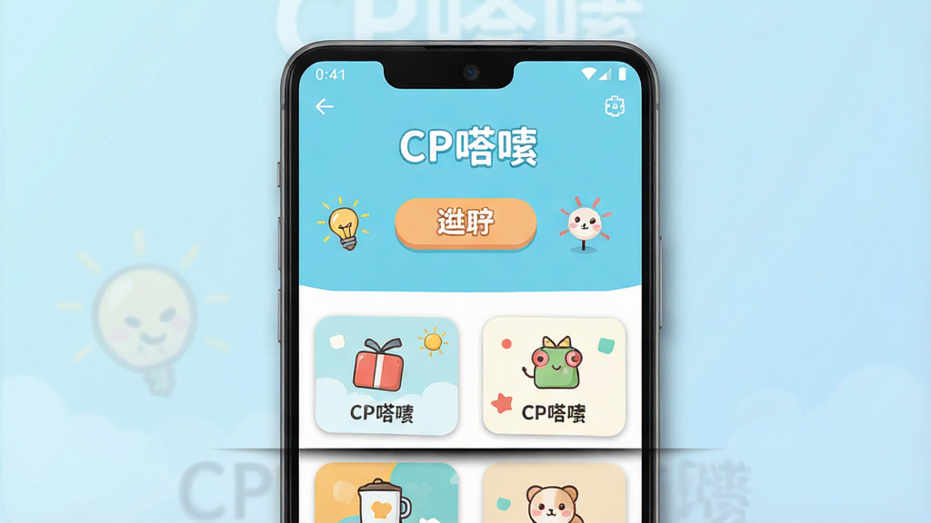 一张手机屏幕展示CP嗒啧软件主界面的图片,主体是一部居中放置的安卓手机,手机屏幕内呈现CP嗒啧的清新界面,包含互动按钮和趣味图标,布局简洁明快,排版采用上下结构,上方为软件名称CP嗒啧,下方为几个功能入口卡片,风格为扁平化卡通风格,细节上手机边缘有柔和的阴影,背景为淡蓝色渐变,画质清晰干净,无多余元素