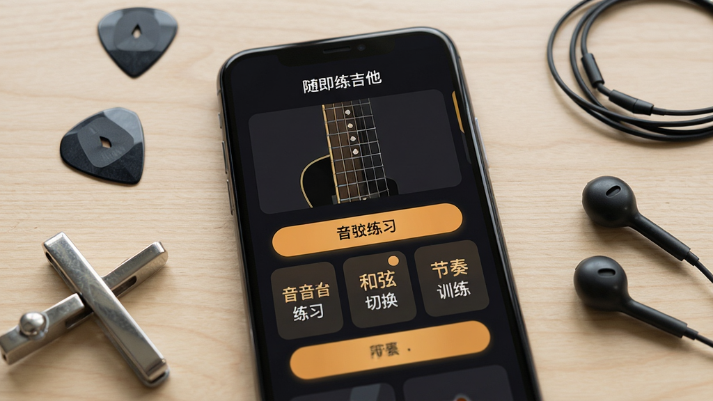 画面中央是一部智能手机,屏幕上显示“随即练吉他”应用的主界面,界面采用深色背景与暖橙色高亮按钮,布局简洁,上方是吉他指板示意图,下方排列着音阶练习、和弦切换、节奏训练三个卡片式入口,手机周围散落着拨片、变调夹与一副有线耳机,背景是浅木色桌面,风格写实且干净,细节清晰,画质细腻,无多余元素