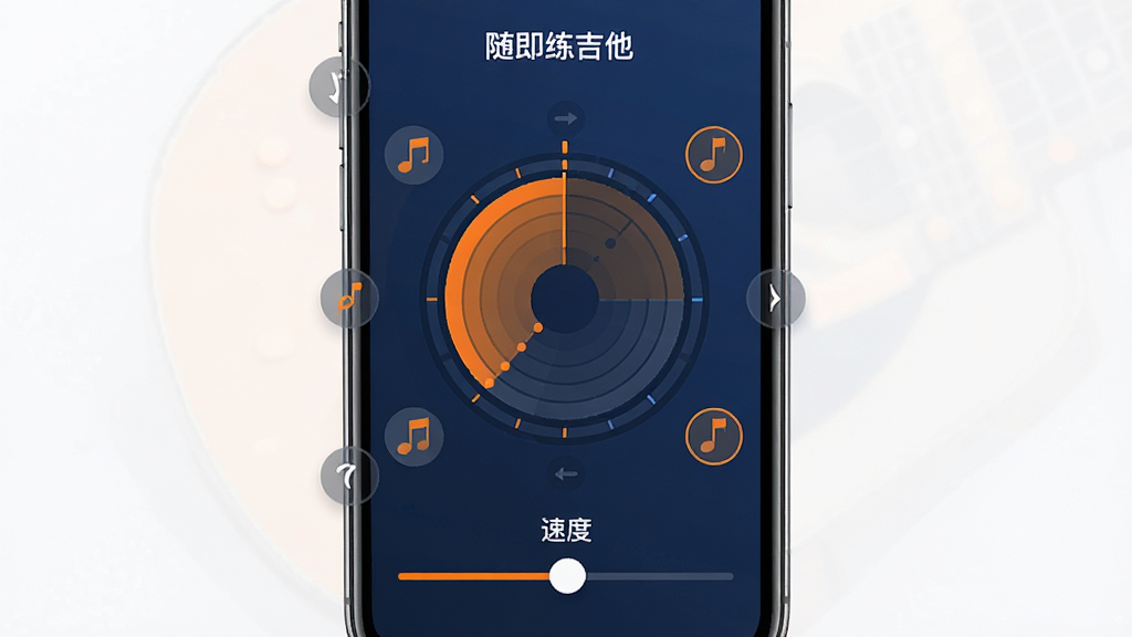手机屏幕显示“随即练吉他”的节奏训练界面,中央是一个圆形节拍可视化动画,四周环绕着音符时值图标,下方有速度调节滑块,画面风格现代简洁,配色以深蓝与亮橙为主,画质清晰,无多余元素