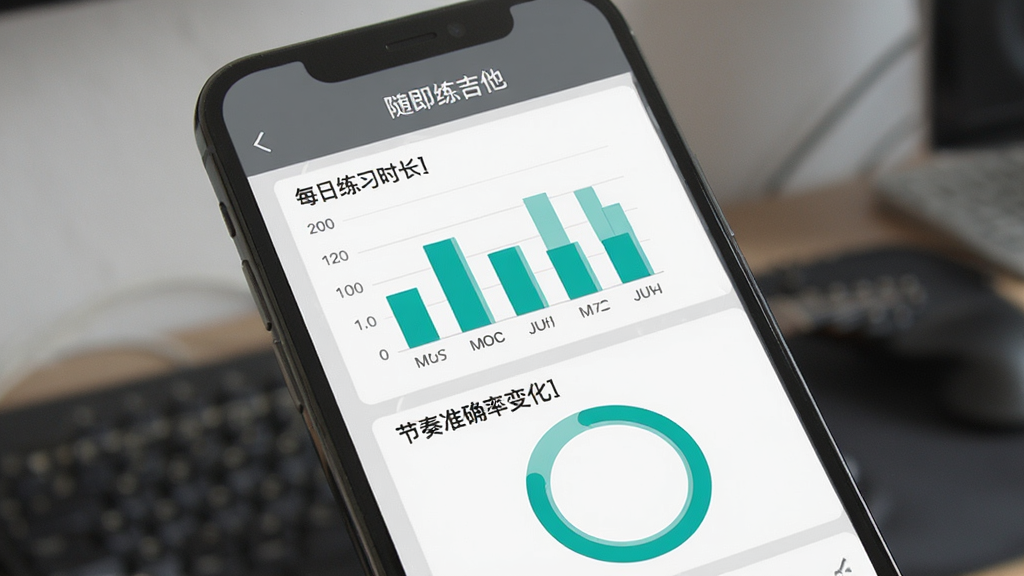 手机屏幕显示“随即练吉他”的数据统计页面,包含柱状图与环形进度条,展示每日练习时长与节奏准确率变化,界面风格商务简约,配色以灰白与青绿为主,画质清晰,无多余元素
