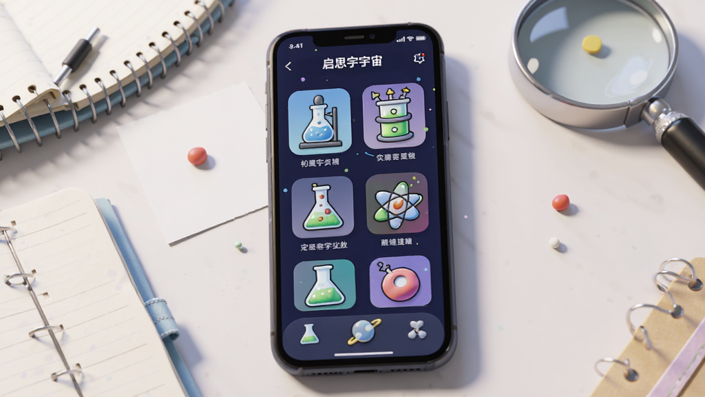 画面中央放置一部智能手机,手机屏幕上显示启思宇宙软件的主界面,界面中有实验器材图标和色彩鲜明的科学元素,背景是整洁的书桌,桌面上散落着笔记本和放大镜,整体采用明亮清新的卡通写实风格,细节丰富,画质清晰,干净无多余元素