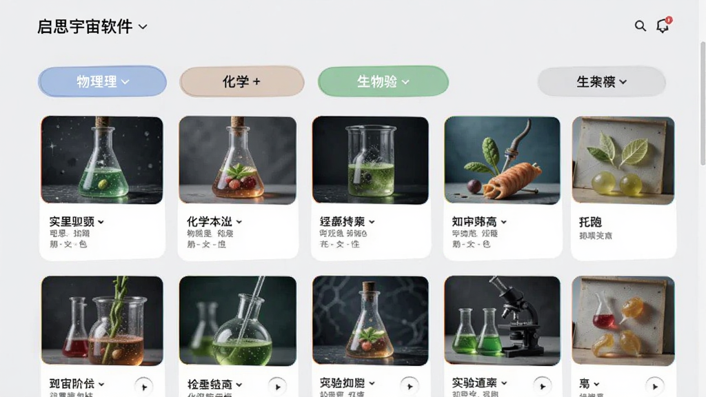 启思宇宙软件内的实验课程列表页面,屏幕上排列着物理、化学、生物等学科分类标签,下方展示多个实验卡片,卡片上有实验名称和缩略图,背景为浅灰色,风格简约现代,排版整齐,画质清晰,干净无多余元素