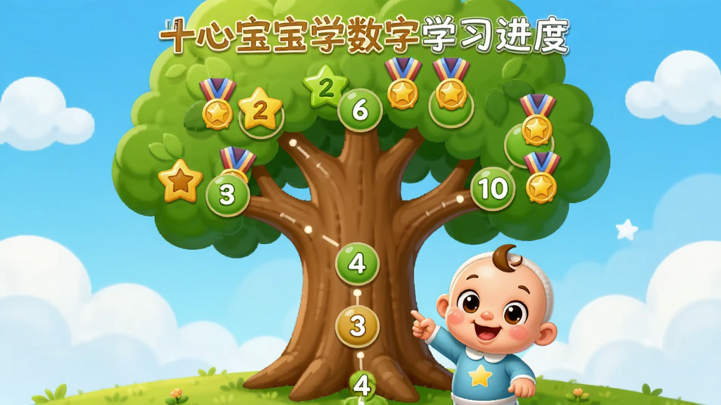 开心宝宝学数字学习进度界面,画面中央是一棵卡通成长树,树干上标记着数字1到10的节点,每个节点旁有星星和奖牌图标,树下有开心宝宝学数字的卡通吉祥物指着树上的数字,背景是蓝天白云,风格为清新卡通,细节丰富,画质高清,干净,无多余元素