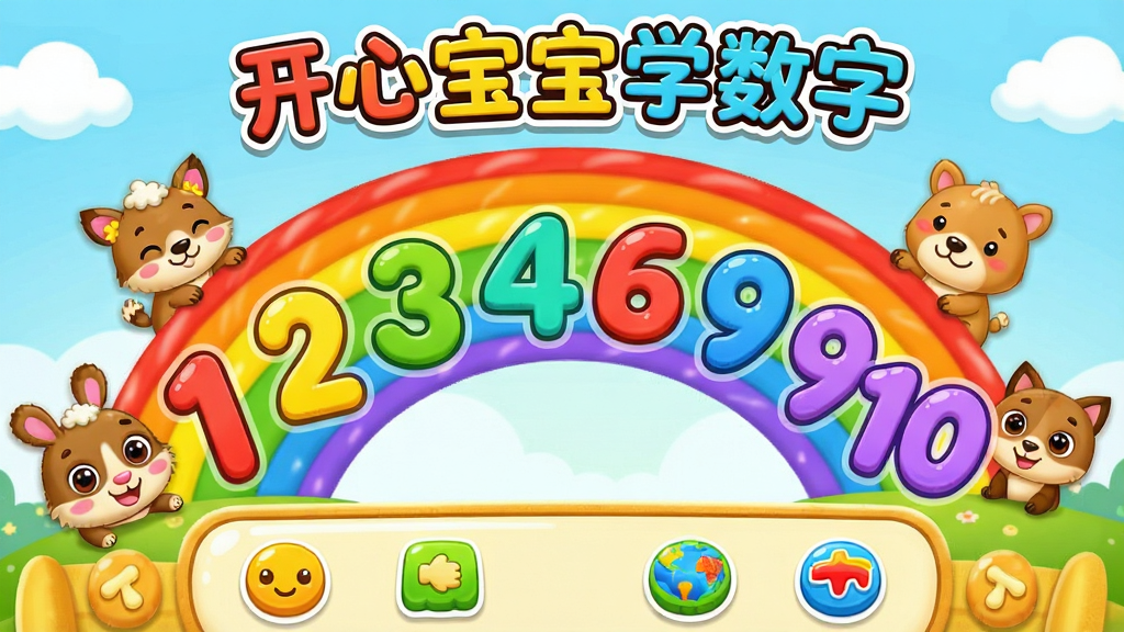 开心宝宝学数字软件主界面,画面中央是色彩鲜艳的卡通数字1到10排列成彩虹形状,周围有可爱的小动物角色陪伴,整体布局清晰,上方为软件名称“开心宝宝学数字”的卡通字体标题,下方为互动学习区域,风格为童趣卡通,细节丰富,画质高清,干净,无多余元素