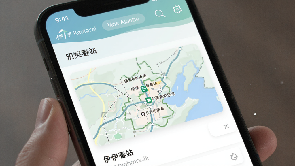软件哈伊的站点详情页面,展示伊春站周边地图与换乘信息,界面布局清晰,配色柔和,手机应用截图风格,画质细腻,无杂乱元素