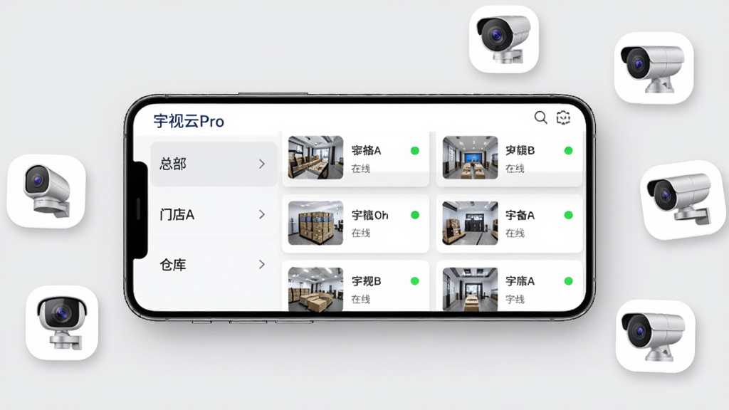 多设备统一管理界面展示图,画面主体是一部横向放置的智能手机,屏幕显示宇视云Pro的设备管理页面,左侧是分组标签如总部、门店A、仓库,右侧是设备卡片列表,每张卡片有缩略图、设备名称、在线状态圆点,手机旁边散落着几个不同型号的宇视摄像头图标,背景是浅灰色,风格商务简洁,细节包括卡片阴影、状态指示灯、分组折叠箭头,画质清晰,干净,无多余元素