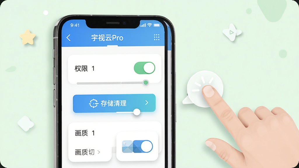 移动端使用攻略示意图,画面中一部手机竖屏显示宇视云Pro的设置界面,有权限开关、存储清理按钮、画质切换选项,手机旁边有一个手指点击屏幕的动画示意,背景是淡绿色,风格清新,细节包括开关滑块、进度条、图标阴影,画质清晰,干净,无多余元素