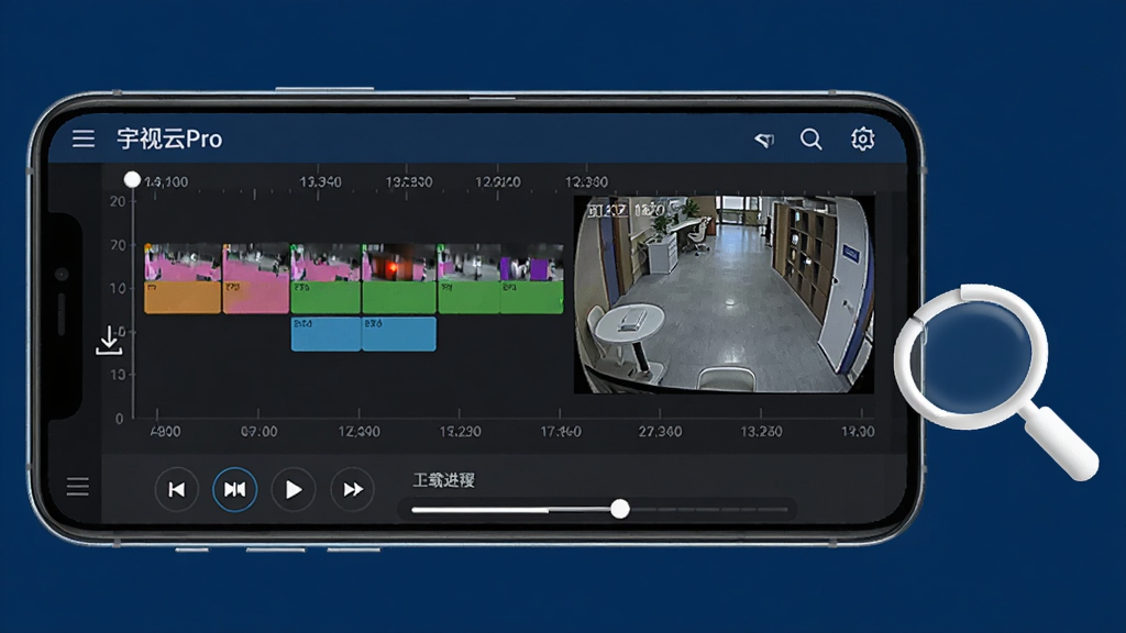 远程录像回放功能展示图,画面中一部手机横屏显示宇视云Pro的录像回放界面,时间轴上有彩色录像段,画面窗口显示某个时间点的监控画面,下方有播放控制按钮和下载进度条,手机旁边有一个放大镜图标指向时间轴,背景是深蓝色,风格专业,细节包括时间刻度、录像片段颜色区分、下载箭头,画质清晰,干净,无多余元素