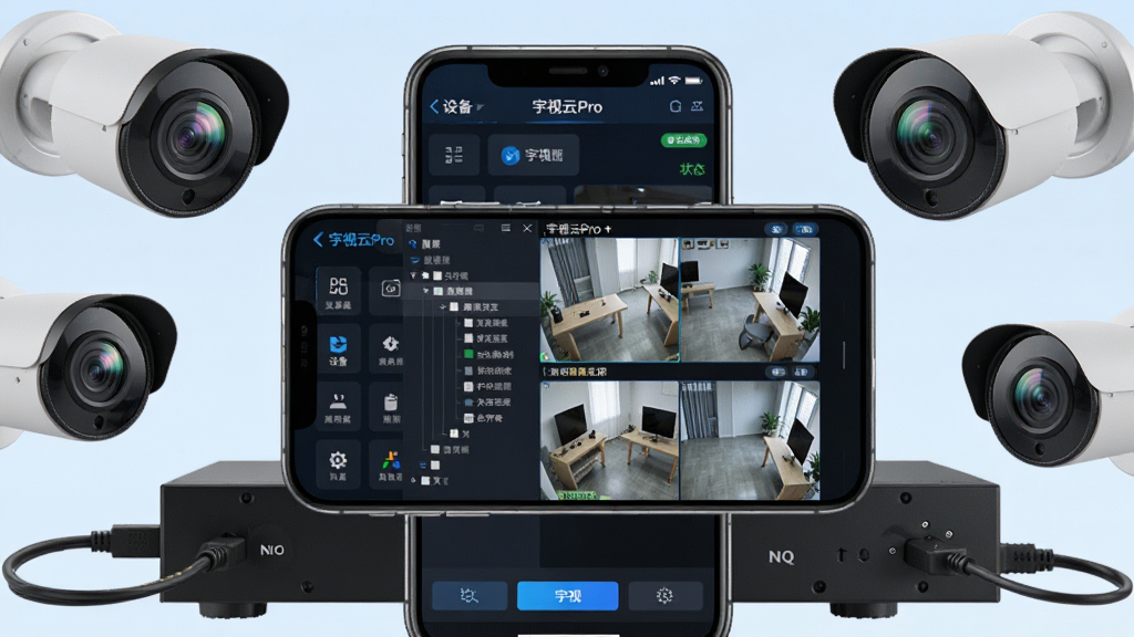 软件核心全貌展示图,画面中央是一部智能手机,手机屏幕上显示着宇视云Pro的监控画面分屏界面,左侧有设备列表树状菜单,右侧是四个摄像头的实时画面,画面上方有设备名称和在线状态标签,手机周围环绕着几个宇视摄像头和一台NVR录像机,背景是淡蓝色渐变,整体风格简洁科技感,细节包括手机屏幕上的按钮图标、摄像头镜头反光、连接线缆,画质清晰,干净,无多余元素