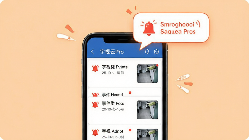 智能报警推送界面展示图,画面中央是一部手机,屏幕显示宇视云Pro的报警消息列表,每条消息有红色铃铛图标、事件类型文字、抓拍缩略图和时间,手机上方有一个报警气泡弹出动画,背景是浅橙色,风格活泼但专业,细节包括消息未读红点、抓拍小图、时间戳,画质清晰,干净,无多余元素