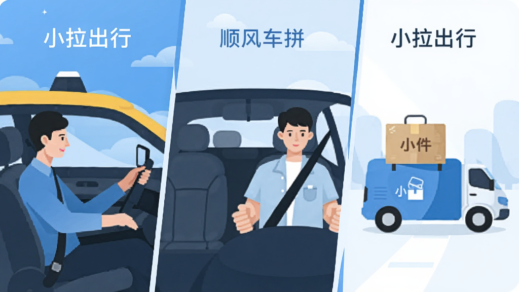小拉出行多场景服务展示图,画面左侧为乘客打车场景,中间为顺风车拼车场景,右侧为小件货物配送场景,三个场景用简洁的分割线区分,整体色调以蓝白为主,扁平化设计风格,画面干净整洁,标注文字