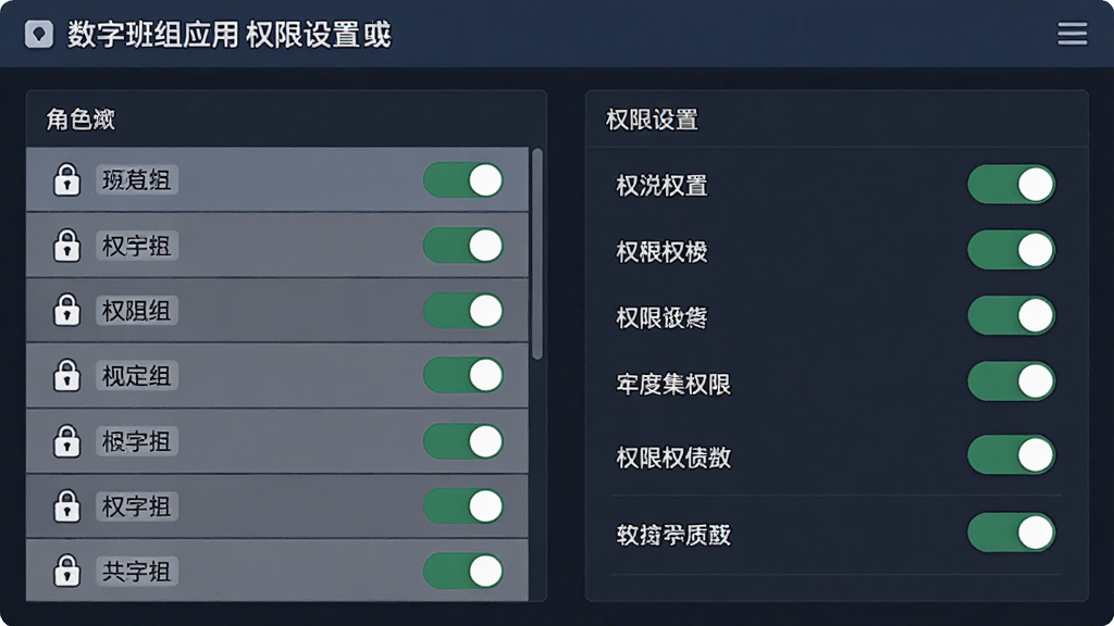 主体为数字班组应用的权限设置界面,布局为角色列表与权限开关面板,排版左右分栏,风格为严谨商务风,细节包含锁形图标、开关按钮和角色标签,画质高清,干净,无多余元素