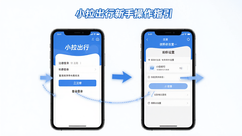小拉出行新手操作指引图,手机屏幕显示APP注册登录页面和权限设置界面,画面中有箭头引导操作步骤,整体风格简洁明了,蓝白色调,标注文字