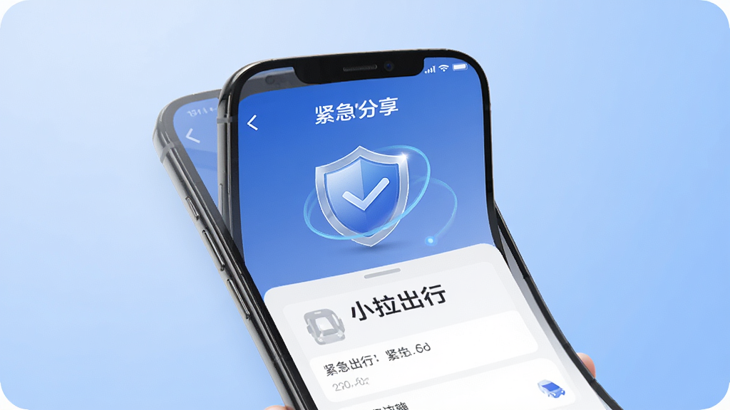 小拉出行安全保障功能展示,手机界面显示行程分享和紧急联系人设置页面,画面中有盾牌图标象征安全保护,背景为柔和的蓝色渐变,整体风格稳重可靠,标注文字