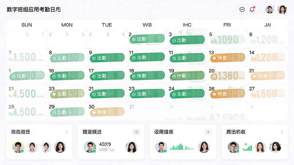 主体为数字班组应用的考勤日历界面,布局为月历视图与下方统计卡片,排版清晰分区,风格为轻量办公风,细节包含绿色出勤标记、橙色调休标记和人员头像缩略图,画质高清,干净,无多余元素