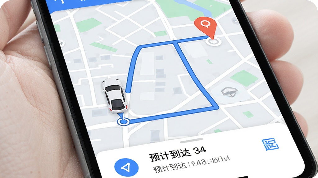 小拉出行实时定位导航界面,手机屏幕显示城市地图,地图上有车辆图标和路线规划线条,起点和终点用明显标记标注,界面底部显示预计到达时间和距离信息,整体风格清晰直观,蓝白色调,高清画质,干净无杂乱元素