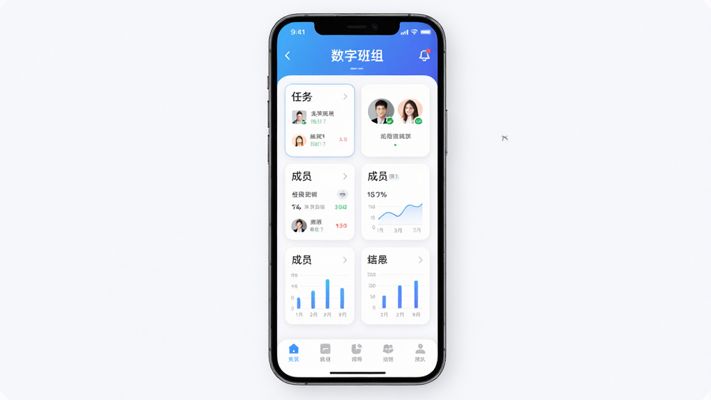 主体为一部智能手机,屏幕中展示数字班组应用的主界面,界面包含任务卡片、成员头像和统计图表,布局采用上下结构,上方为蓝色渐变标题栏,中部为功能模块网格,下方为底部导航栏,排版整齐清晰,风格为现代商务扁平化,细节包含圆角图标、柔和阴影和简洁的数据可视化元素,画质高清,干净,无多余元素