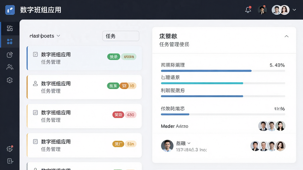 主体为数字班组应用的任务管理界面,布局为左侧任务列表、右侧详情面板,排版采用卡片式设计,风格为清爽简约商务风,细节包含彩色状态标签、进度条和成员头像,画质高清,干净,无多余元素