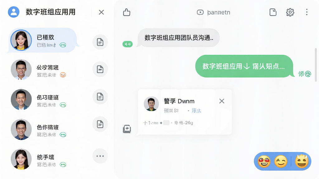 主体为数字班组应用的团队沟通界面,布局为左侧成员列表、右侧聊天窗口,排版采用气泡对话样式,风格为友好亲和的移动端社交风,细节包含已读未读标记、文件卡片和表情按钮,画质高清,干净,无多余元素