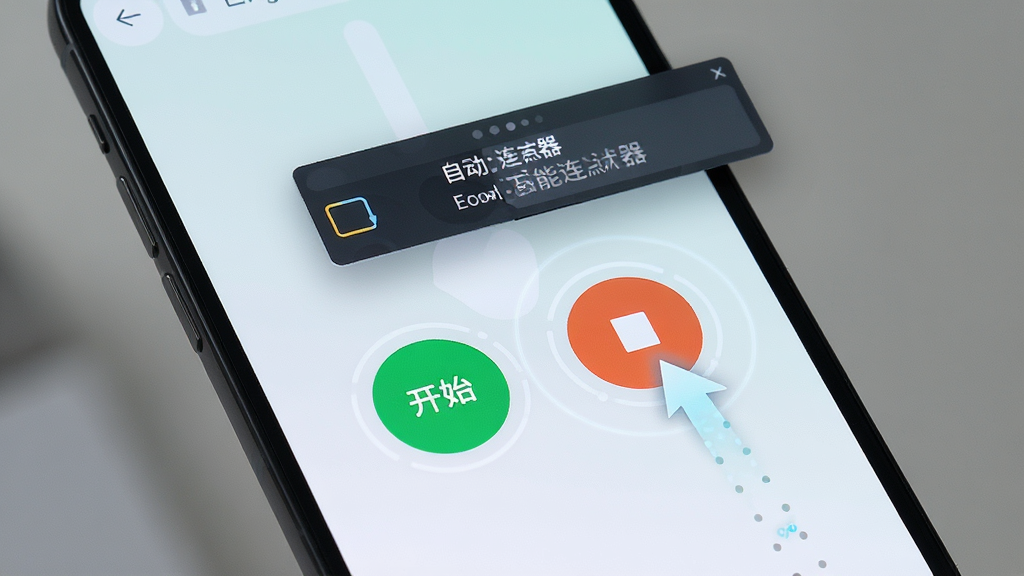 一张展示智能手机屏幕的图片,屏幕中央是自动万能连点器的操作界面,界面上有醒目的开始和停止按钮,背景是简洁的浅色渐变,风格为现代科技感,细节上突出悬浮窗和点击轨迹的动画效果,画质清晰,干净,无多余元素