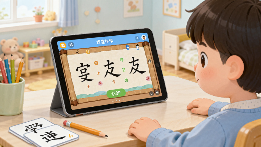 一幅儿童教育场景插画,画面中一位小朋友坐在书桌前平板上观看汉字宫伴学APP,屏幕里播放着汉字演变动画,书桌上放着铅笔和识字卡片,背景是温馨的儿童房,风格柔和明亮,画质清晰干净
