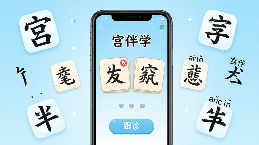 一张高清手机应用界面展示图,画面中央放置一部智能手机,屏幕显示汉字宫伴学APP主界面,界面中有卡通汉字卡片和跟读按钮,背景为浅蓝色渐变,周围漂浮着汉字笔画和拼音元素,风格清新童趣,画质干净清晰,无多余元素