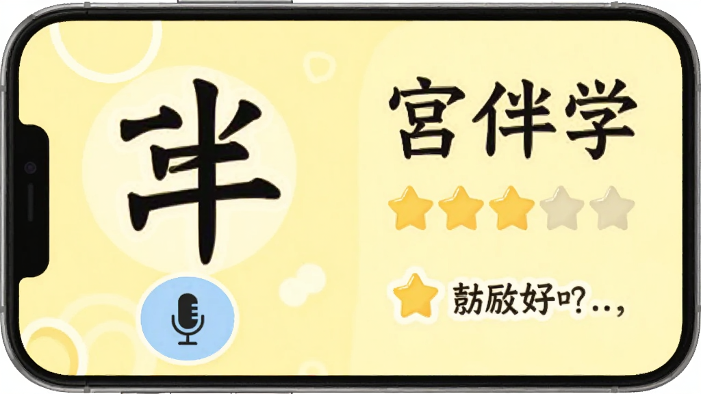 一张展示汉字宫伴学跟读功能的界面图,手机屏幕显示汉字大字和麦克风图标,旁边有评分星星和鼓励文字,背景为淡黄色,风格活泼可爱,画质干净无多余元素