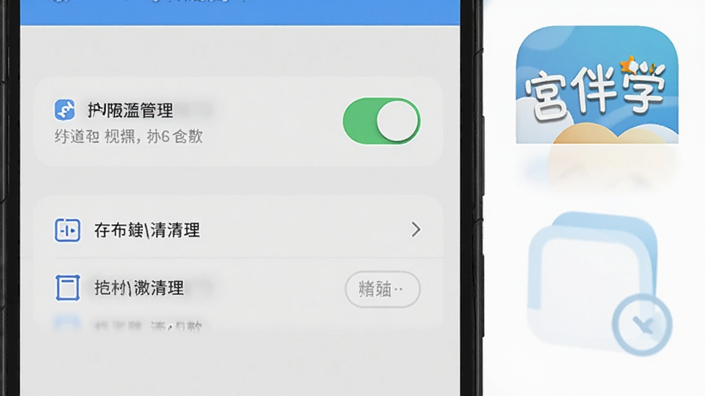 一张展示手机安全设置界面的图片,画面中有权限管理开关和存储清理选项,旁边有汉字宫伴学APP图标,风格简洁实用,画质清晰干净