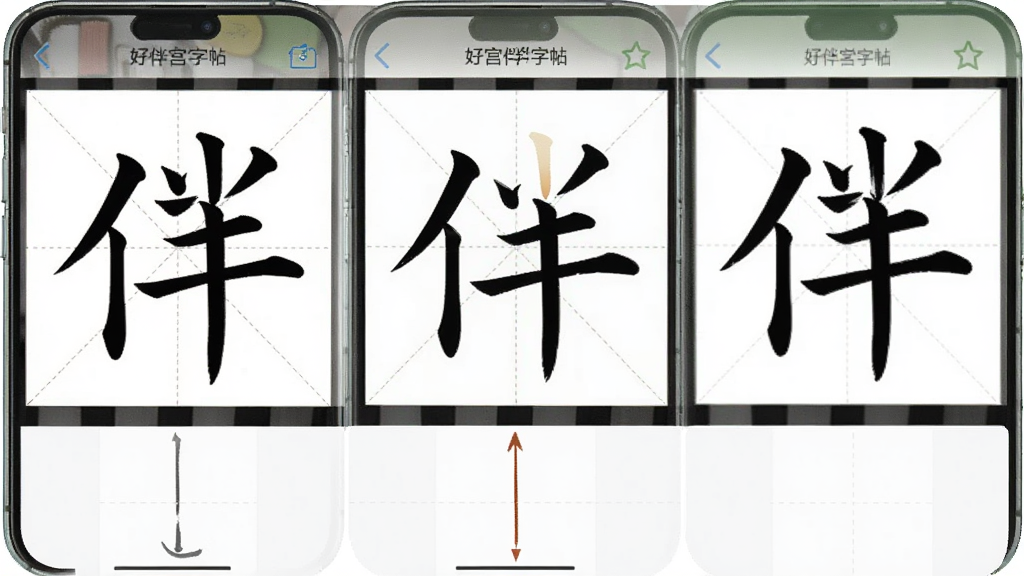 一张展示汉字宫伴学字帖功能的界面图,手机屏幕显示田字格和汉字笔画演示,下方有书写区域,背景为白色,风格干净整洁,画质清晰