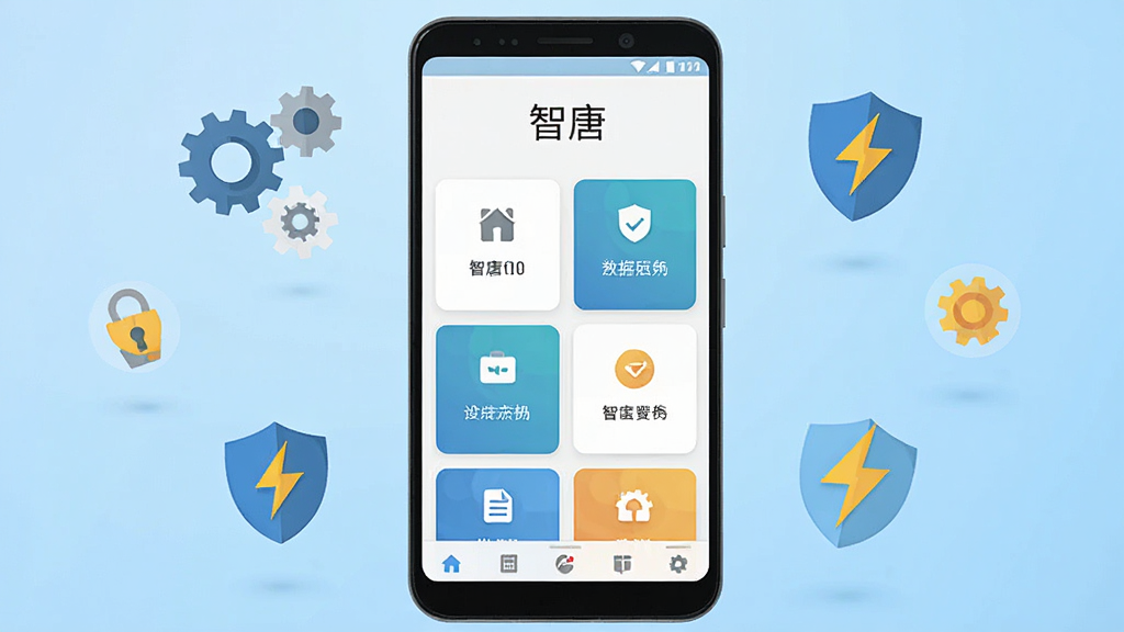 画面中央是一部安卓手机,手机屏幕显示“智唐”应用主界面,界面布局简洁,顶部有软件名称“智唐”字样,中部为功能卡片式排列,底部为导航栏。背景为浅蓝色渐变,周围漂浮着齿轮、盾牌、闪电等代表工具与安全的图标。整体风格清新简约,扁平化设计,细节清晰,画质干净,无多余元素。