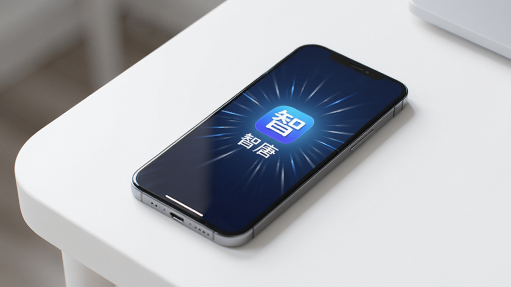 一部手机放在桌面上,屏幕显示“智唐”软件启动画面,画面中央是软件图标和名称“智唐”,周围有速度线表示快速启动,背景是干净的白色桌面,光线柔和,风格简约科技感,画质清晰,无杂乱元素。