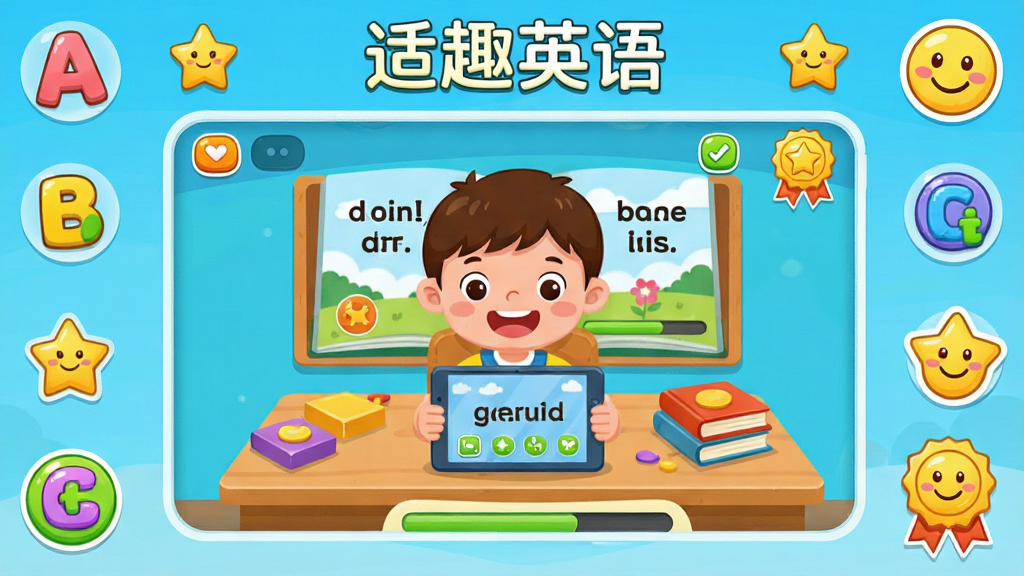 适趣英语软件主界面全貌,画面中央展示卡通风格的英语绘本阅读界面,四周环绕字母、星星和笑脸图标,主体为一名卡通儿童坐在书桌前开心使用平板学习英语,布局采用居中对称式构图,排版清晰展示软件名称“适趣英语”在顶部,风格为明亮活泼的儿童插画风,细节包括色彩鲜艳的按钮、进度条和奖励徽章,画质高清,干净,无多余元素