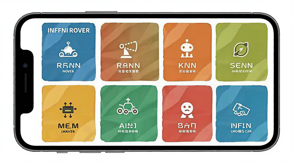 一张展示 INFFNI ROVER 功能布局的示意图,画面以手机屏幕为载体,屏幕内分区域展示