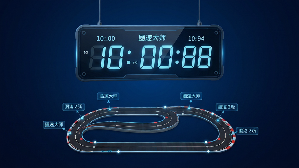 画面主体为一块悬浮在空中的数字计时器面板,面板上显示毫秒级计时数字,面板下方有一条蜿蜒的赛道俯视图,赛道旁标注了多个分段计时点,背景为深蓝色渐变,布局为上下结构,风格为极简科技风,细节包含数字发光效果、赛道边线、分段标记,画质高清干净,画面中文字为