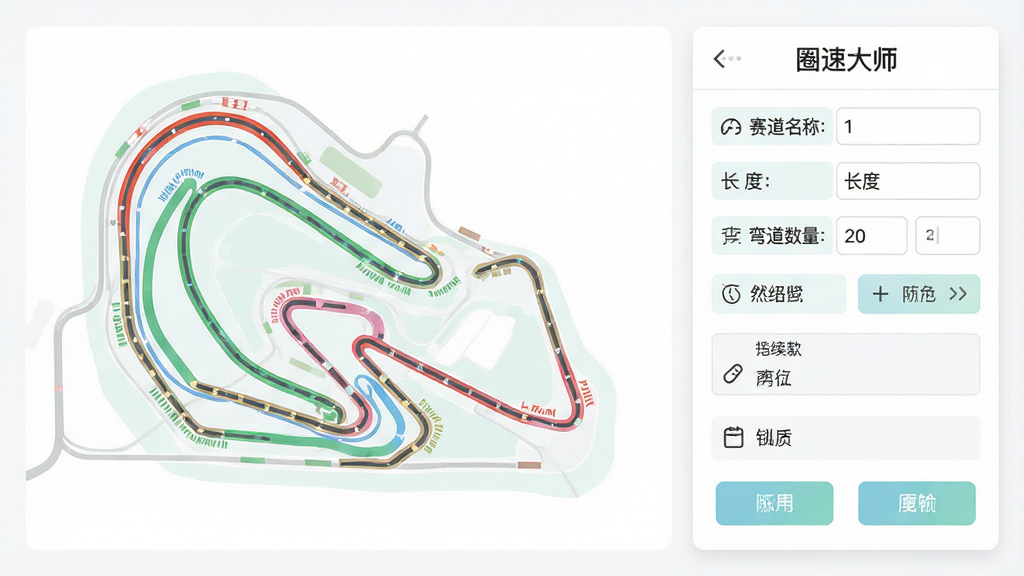 画面中央为一张赛道俯视地图,地图上用不同颜色标注了弯道和直道,地图旁边有信息录入面板,面板中包含赛道名称、长度、弯道数量等字段,背景为白色,布局为左图右表,风格为清新浅色风,细节包含赛道线条、输入框、图标按钮,画质清晰干净,画面中文字为