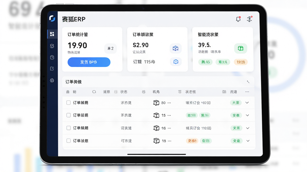 赛狐ERP智能订单处理功能的生图,主体是一个平板电脑屏幕展示订单列表和物流追踪界面,布局为上下结构,上方为订单统计卡片,下方为订单明细表格。风格为清爽的浅色系商务风,细节包括发货按钮、物流图标和状态标签,画面干净无多余元素,高清画质。