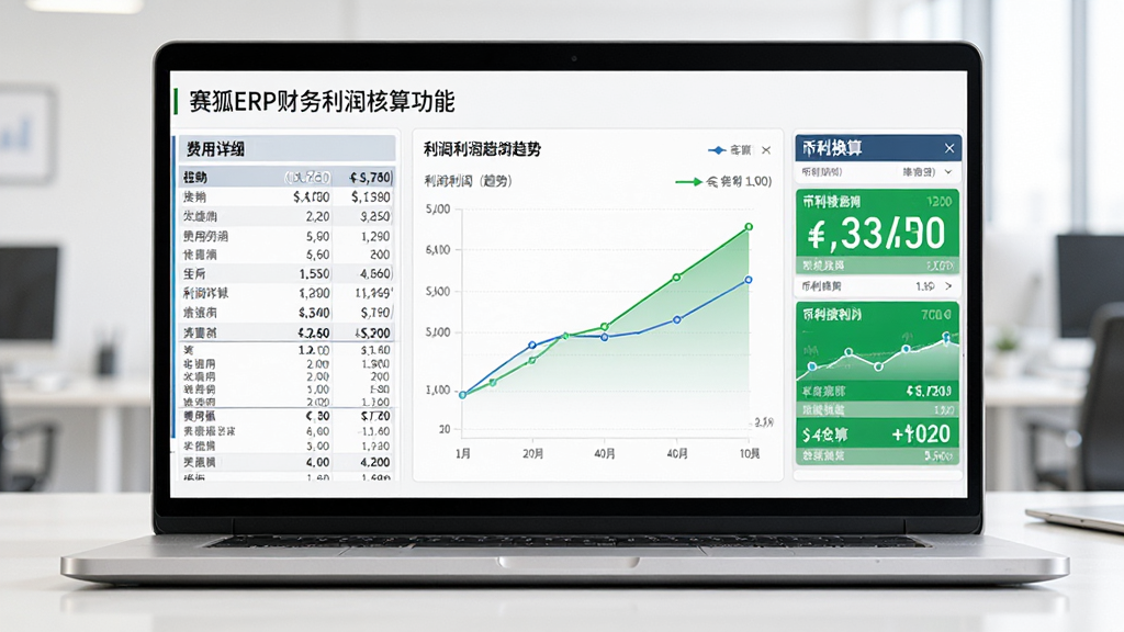 赛狐ERP财务利润核算功能的生图,主体是一个笔记本电脑屏幕显示财务报表和利润图表,布局为左中右三栏,左侧为费用明细,中间为利润趋势图,右侧为币种换算面板。风格为简约商务风,细节包括货币符号、数据表格和绿色盈利数字,画面干净,高清画质。
