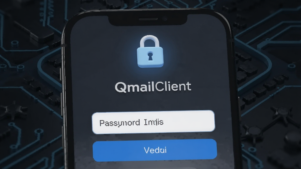 一张展示 QmailClient 安全隐私保护功能的图片,画面中手机屏幕上显示一个密码输入界面,上方有锁形图标,背景为深色科技感纹理。整体风格为安全防护主题的 UI 展示,画质干净,无多余元素。