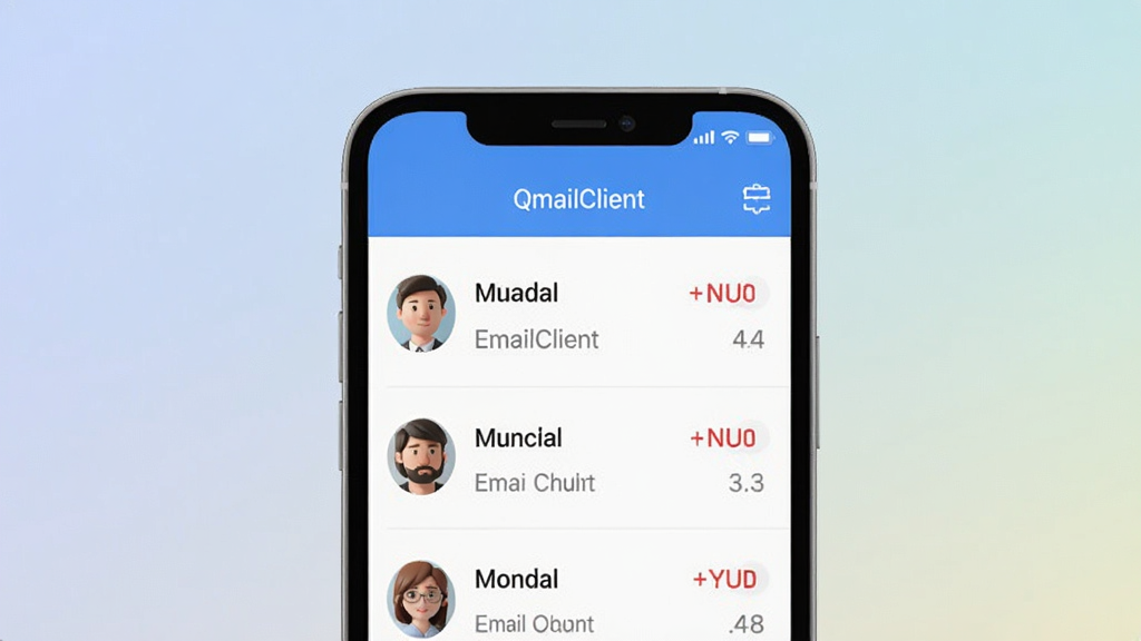 一张展示 QmailClient 多账户管理功能的图片,画面中一部手机屏幕上显示多个邮箱账户的头像和名称列表,每个账户旁边有未读邮件数量标记,界面简洁清晰。背景为柔和渐变色,风格为现代科技感 UI 展示,画质干净,无多余元素。