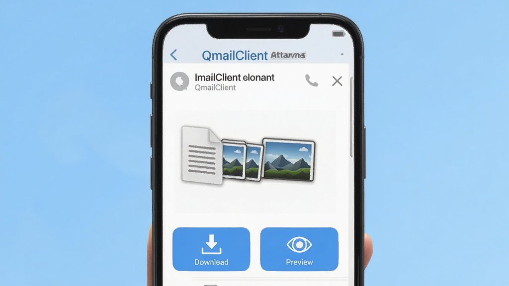 一张展示 QmailClient 附件处理功能的图片,画面中手机屏幕上显示一封带有附件的邮件,附件图标为文档和图片缩略图,下方有下载和预览按钮。背景为浅蓝色渐变,风格为清爽的移动应用界面展示,画质干净,无多余元素。