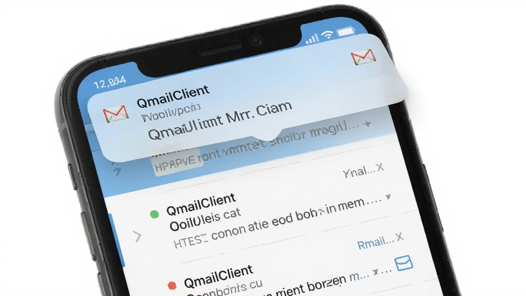 一张展示 QmailClient 邮件推送通知功能的图片,画面中手机顶部弹出新邮件通知横幅,显示发件人和邮件主题,手机屏幕背景为邮件列表界面。整体风格为简洁明快的移动端 UI 展示,画质干净,无多余元素。