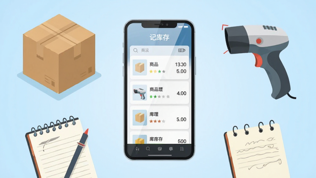 画面中央放置一部智能手机,手机屏幕显示“记库存”应用界面,界面内有商品列表和库存数字,手机周围环绕着纸箱、扫码枪、记事本等库存管理元素,布局简洁居中,排版采用扁平化插画风格,细节上手机屏幕有轻微反光,背景为干净的浅蓝色渐变,画质清晰,干净,无多余元素