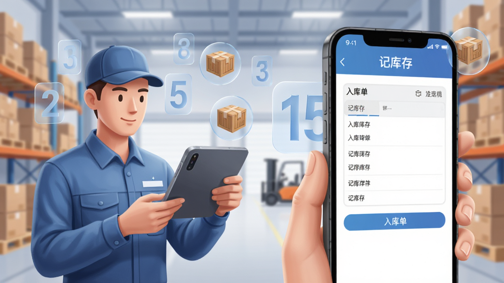画面展示一个明亮的仓库环境,画面中心是一位手持手机的操作员,手机屏幕放大显示“记库存”的入库单填写界面,周围有漂浮的半透明数字和货箱图标,布局采用左右分栏,左侧是操作员,右侧是放大的手机界面特写,风格为现代商务插画,细节注重光影和立体感,画质清晰,干净,无多余元素