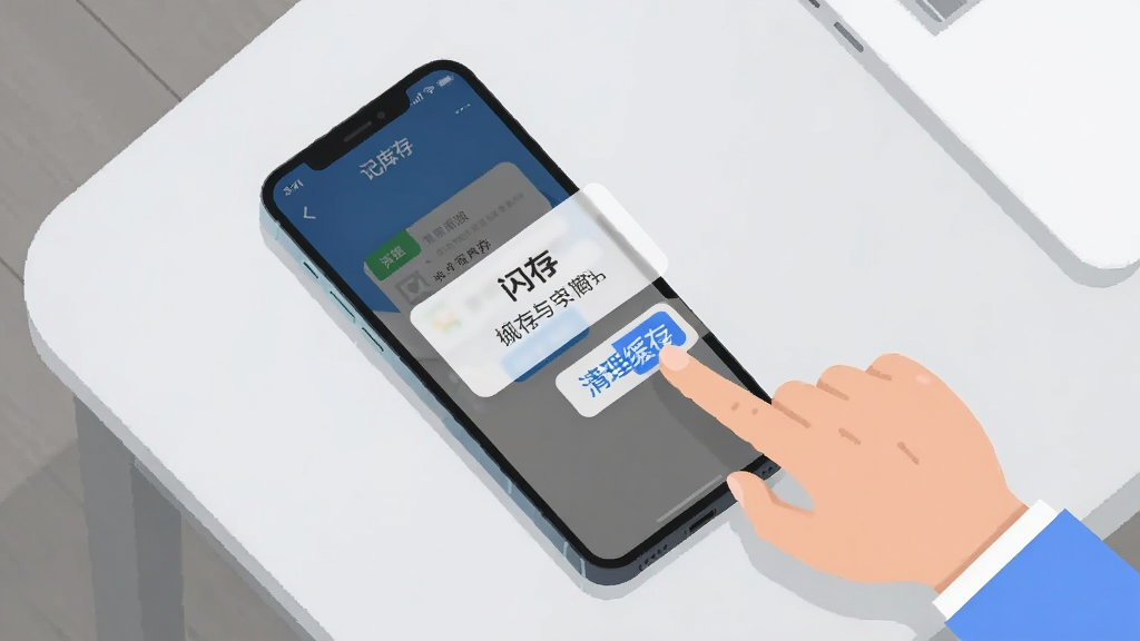 画面展示一部手机放置在桌面上,屏幕显示“记库存”应用出现闪退弹窗,旁边有一只手正准备点击屏幕上的清理缓存按钮,布局采用俯视角度,排版简洁,风格为扁平化科技插画,细节上弹窗有半透明效果,背景干净,画质清晰,无多余元素