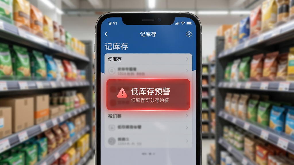 画面主体是一个手机屏幕特写,屏幕中“记库存”应用界面弹出红色的低库存预警提示框,背景是虚化的货架和商品,布局采用中心聚焦方式,排版突出手机屏幕内容,风格为写实科技风,细节上预警提示框有轻微发光效果,画质清晰,干净,无多余元素