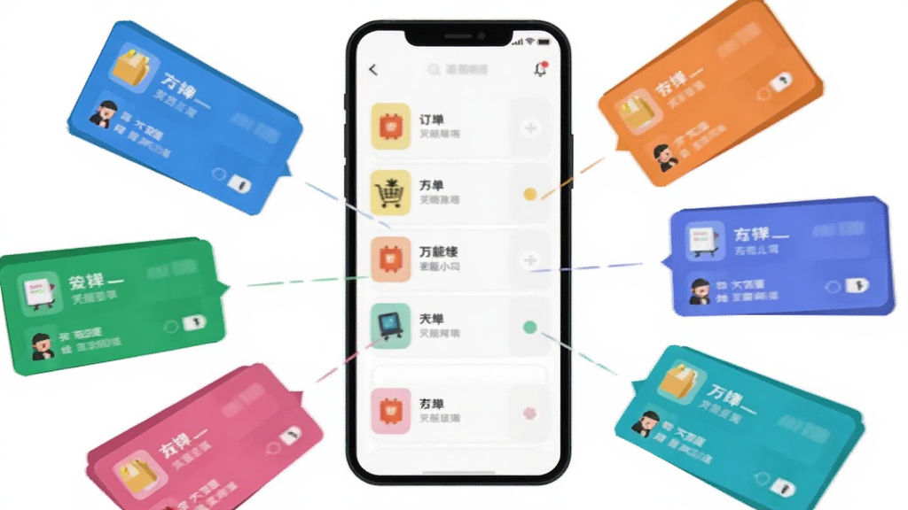 一张表现万能小二接单版订单聚合功能的图片,画面中央是手机屏幕,屏幕上多个彩色订单卡片从不同方向汇聚到中央列表中,卡片上有简单的图标和文字,背景为白色,风格扁平化插画,细节清晰,画质干净,无多余元素