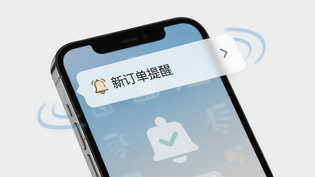 一张展示万能小二接单版消息提醒功能的图片,画面中一部手机屏幕亮起,顶部弹出通知横幅,横幅上带有铃铛图标和文字“新订单提醒”,手机周围有轻微的动感线条表示消息到达,背景为浅灰色,风格简约,画质清晰,无多余元素