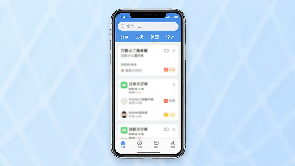 一张展示万能小二接单版手机应用主界面的图片,画面中央是一部竖屏智能手机,屏幕上显示万能小二接单版的订单列表页面,顶部有搜索栏和分类标签,中间是卡片式订单信息,底部有导航按钮,背景是浅蓝色渐变,风格简洁现代,细节包括订单卡片上的文字信息模糊处理,整体画质清晰干净,无多余装饰元素